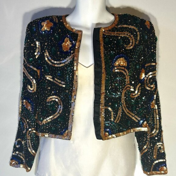 Night Vogue SZS Vintage Silk sequin cropped jacket Artsy Old Glamour Formal 80's - Picture 1 of 9
